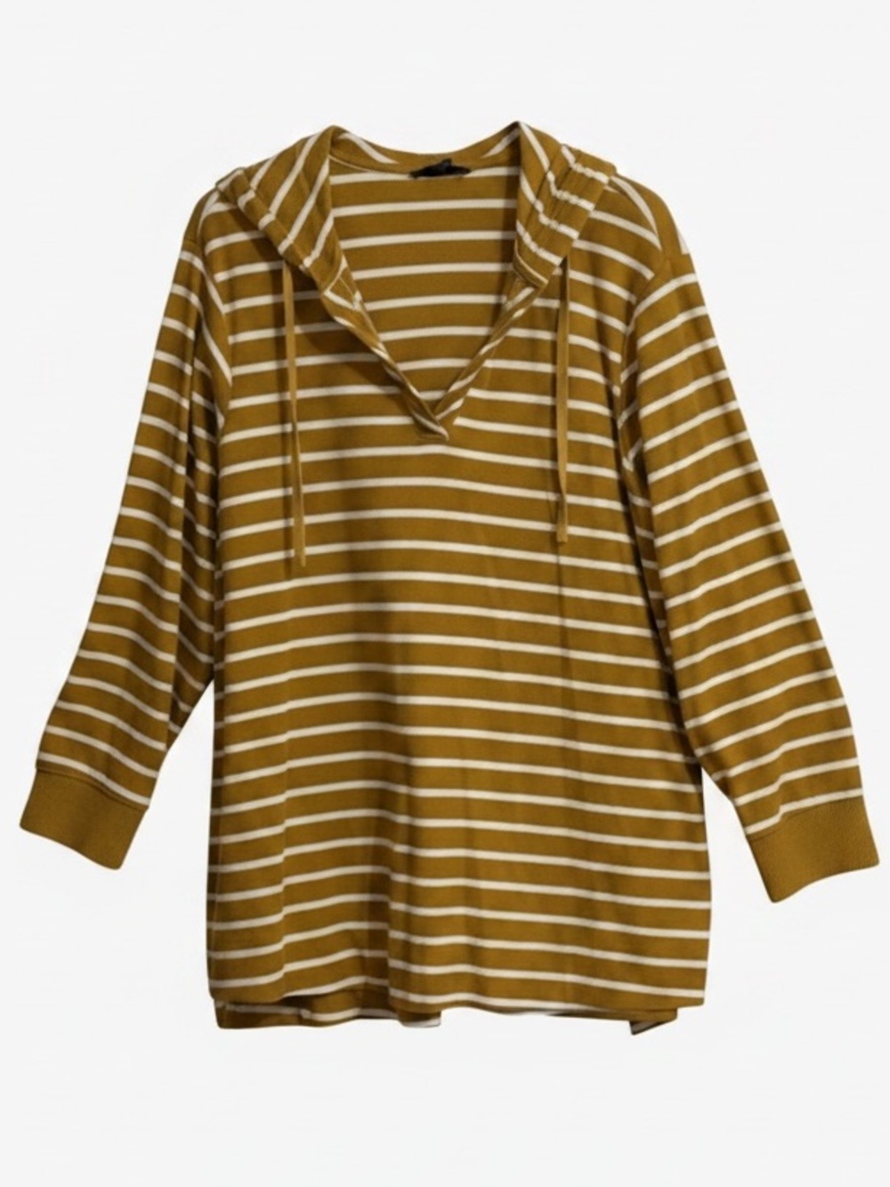 Cozy Striped Waffle Knit VNeck Hooded Pullover in Mustard & Ivory Sz 2X